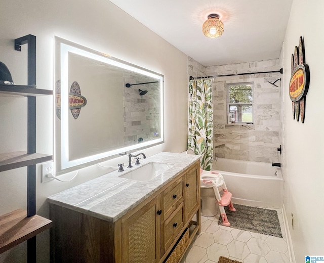 bathroom with vanity, tile patterned floors, and shower / bath combination with curtain