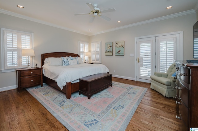 bedroom featuring wood-type flooring, ceiling fan, access to exterior, and crown molding