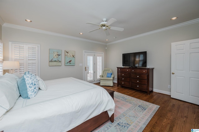 bedroom with ceiling fan, ornamental molding, dark wood-type flooring, and access to outside