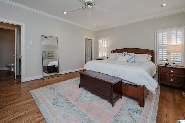 bedroom featuring ceiling fan, connected bathroom, crown molding, and wood-type flooring