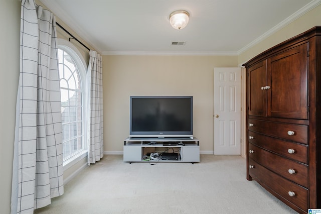 interior space with ornamental molding and light carpet