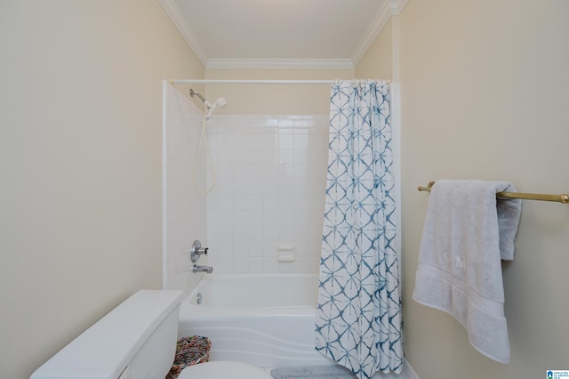 bathroom with ornamental molding, shower / tub combo, and toilet