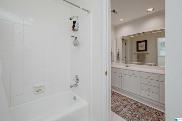 bathroom featuring crown molding, shower / tub combo, tile patterned flooring, and vanity