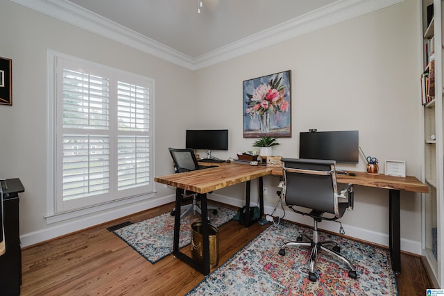 home office with ornamental molding, dark hardwood / wood-style floors, and plenty of natural light