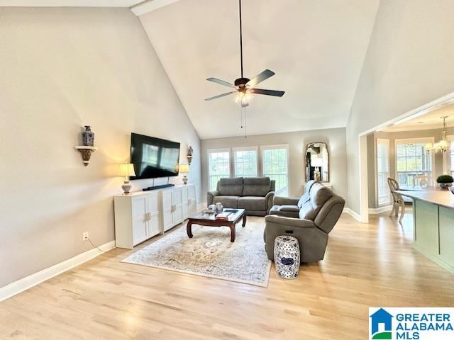 living room featuring light wood-type flooring, high vaulted ceiling, and plenty of natural light