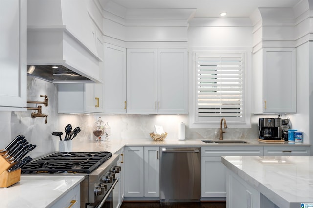 kitchen featuring white cabinetry, appliances with stainless steel finishes, sink, and custom exhaust hood