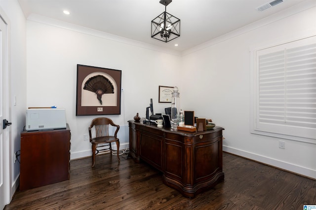 office with an inviting chandelier, dark hardwood / wood-style floors, and ornamental molding