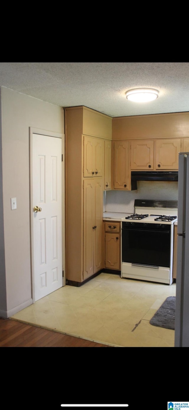 kitchen featuring fridge, range with gas stovetop, and a textured ceiling