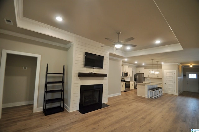 living room with wood-type flooring, sink, a fireplace, a raised ceiling, and ceiling fan