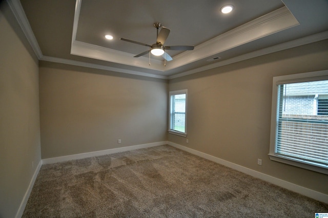 spare room featuring ornamental molding, ceiling fan, a raised ceiling, and carpet flooring