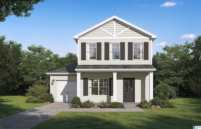 view of front of house with a front yard and a garage