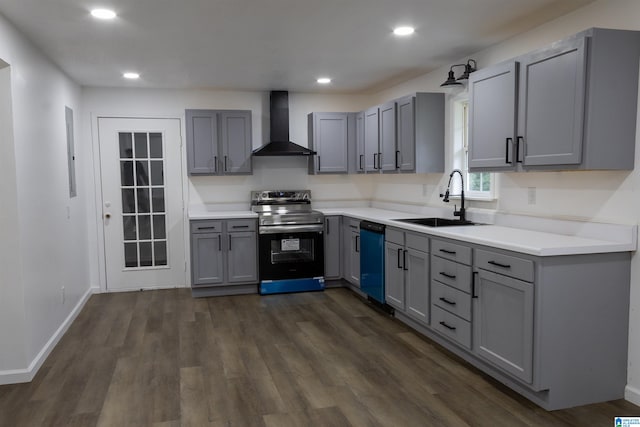 kitchen with wall chimney exhaust hood, sink, electric range, and gray cabinetry