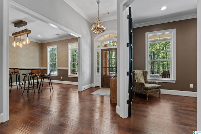 entrance foyer with a notable chandelier, dark wood-type flooring, and a wealth of natural light