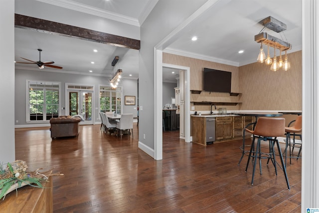 kitchen with ceiling fan, beamed ceiling, french doors, decorative light fixtures, and dark hardwood / wood-style flooring