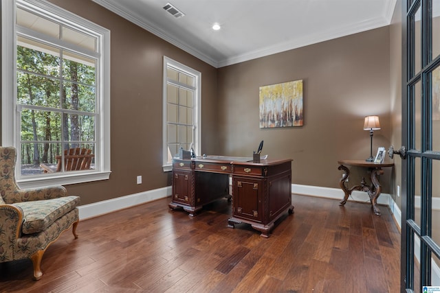 office area featuring french doors, ornamental molding, and dark hardwood / wood-style flooring