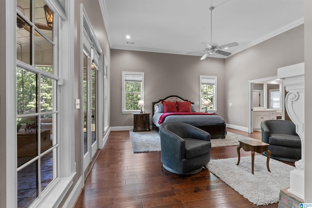 bedroom with multiple windows, crown molding, dark hardwood / wood-style floors, and ceiling fan