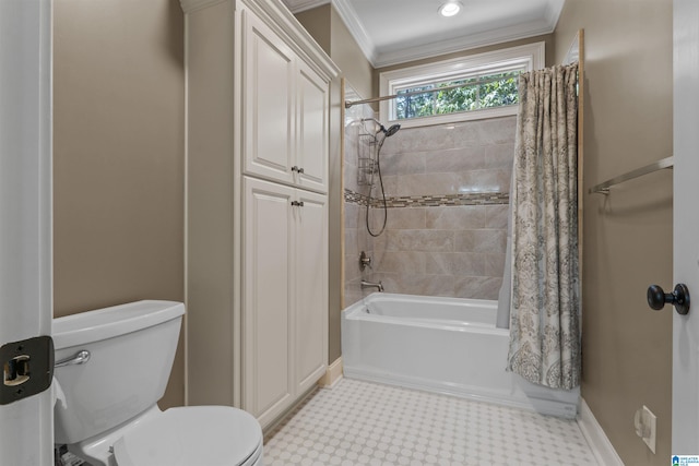 bathroom featuring ornamental molding, shower / tub combo, and toilet