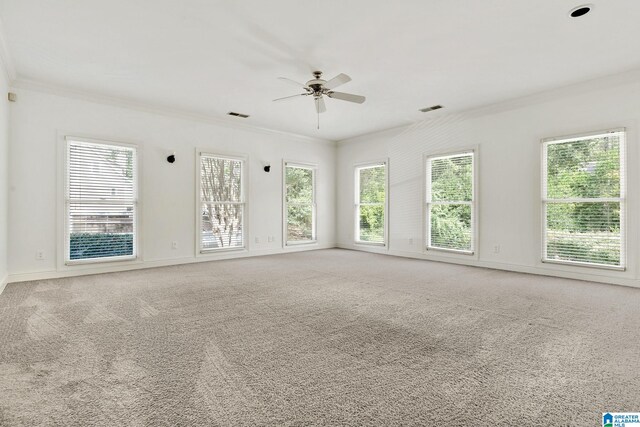 empty room with ceiling fan, carpet flooring, and ornamental molding