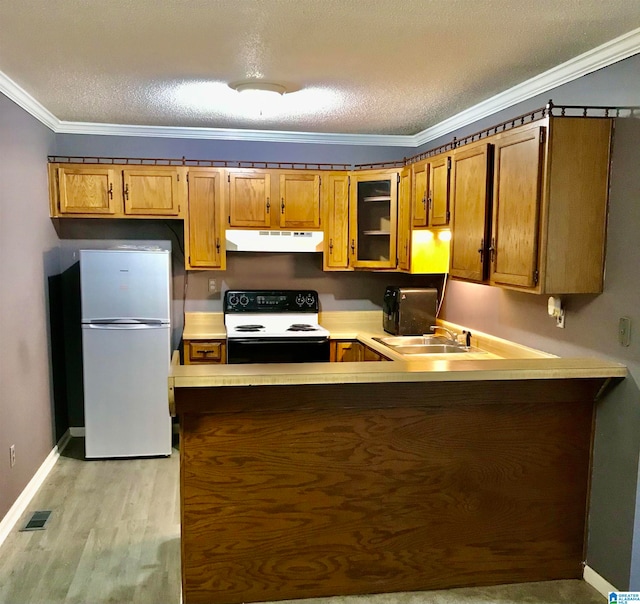 kitchen with ornamental molding, white appliances, kitchen peninsula, and a textured ceiling