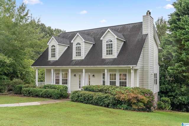 new england style home featuring a front yard and a porch