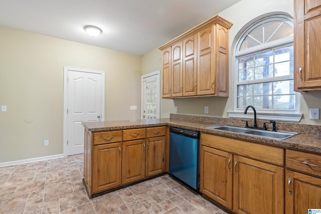 kitchen with sink, kitchen peninsula, and stainless steel dishwasher