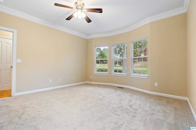 unfurnished room featuring ceiling fan, carpet floors, and crown molding