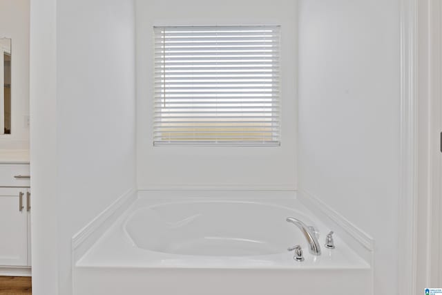 bathroom with vanity and a washtub