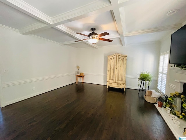 unfurnished living room featuring crown molding, beam ceiling, and dark hardwood / wood-style flooring