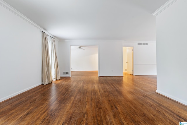 unfurnished room with wood-type flooring, ornamental molding, and ceiling fan