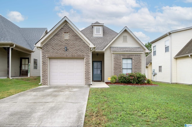 view of front of property with a garage and a front lawn