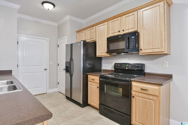 kitchen with black appliances, ornamental molding, light brown cabinets, and light tile patterned floors