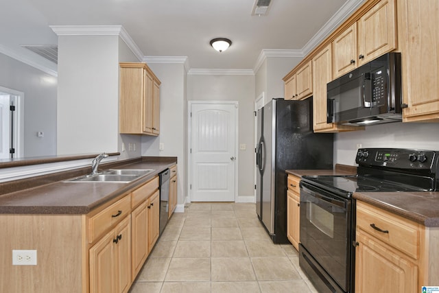 kitchen featuring black appliances, crown molding, sink, and light tile patterned floors