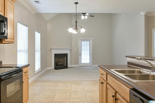 kitchen featuring ceiling fan with notable chandelier, black appliances, crown molding, sink, and light colored carpet