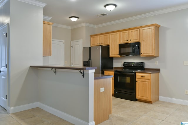 kitchen with a kitchen breakfast bar, kitchen peninsula, light tile patterned floors, black appliances, and ornamental molding