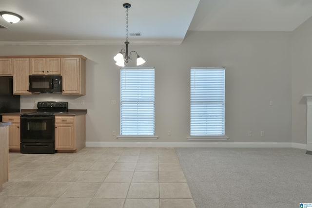 kitchen with light colored carpet, an inviting chandelier, black appliances, decorative light fixtures, and crown molding