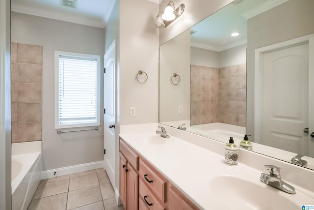 bathroom with vanity, tile patterned floors, a washtub, and crown molding