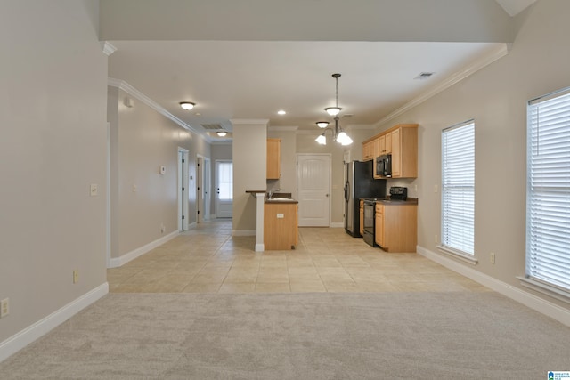 kitchen with ornamental molding, black range with electric cooktop, light colored carpet, and decorative light fixtures