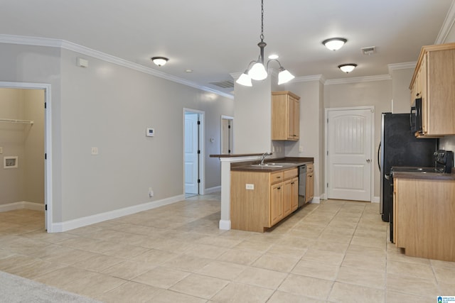 kitchen featuring black appliances, kitchen peninsula, ornamental molding, and decorative light fixtures