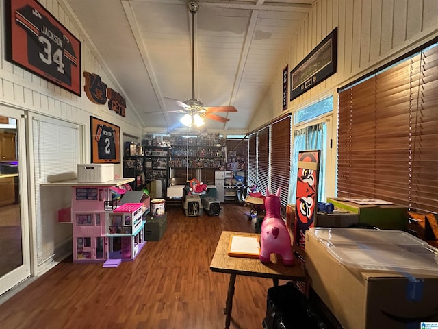 miscellaneous room with ceiling fan, lofted ceiling, and hardwood / wood-style floors