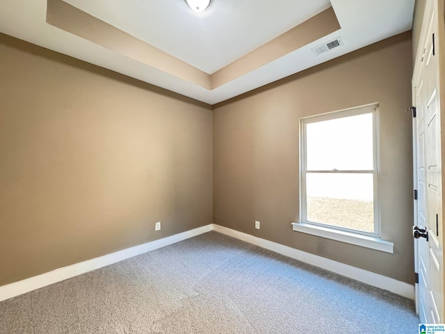 spare room with a tray ceiling and carpet flooring