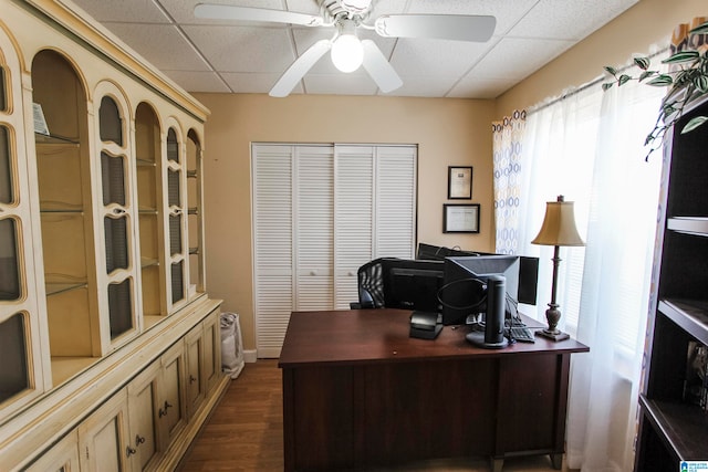 home office with ceiling fan, a paneled ceiling, and dark wood-type flooring