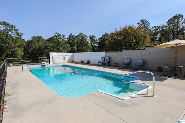 view of swimming pool featuring a diving board and a patio area