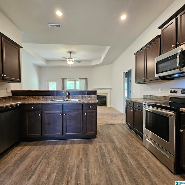 kitchen with ceiling fan, stainless steel appliances, sink, and dark brown cabinetry