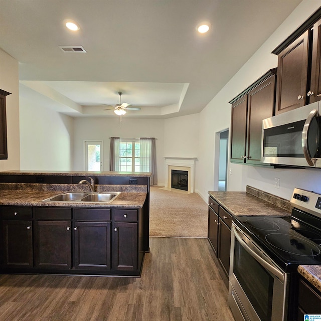 kitchen featuring ceiling fan, sink, dark brown cabinets, appliances with stainless steel finishes, and dark hardwood / wood-style floors