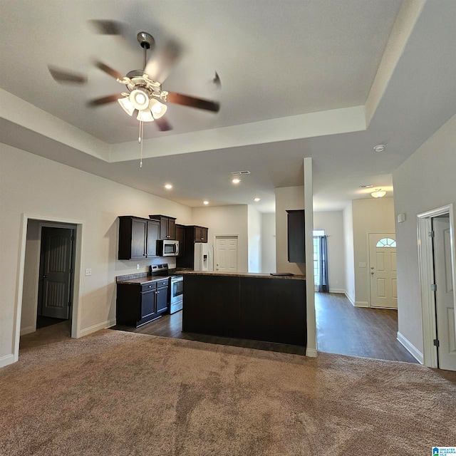 kitchen with ceiling fan, stainless steel appliances, a raised ceiling, and dark colored carpet