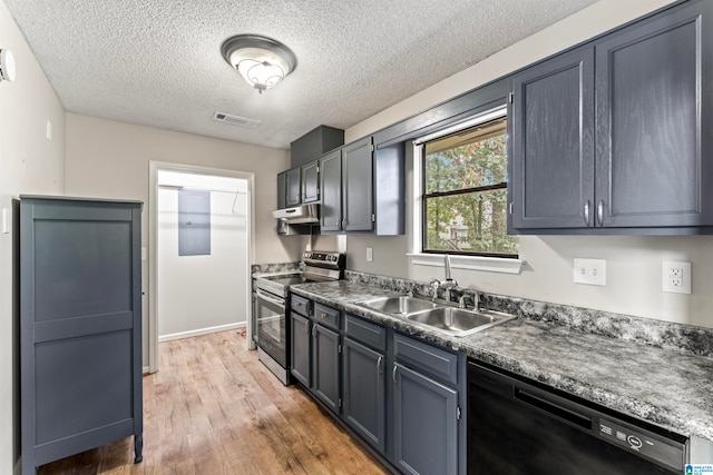 kitchen featuring stainless steel range with electric stovetop, dishwasher, a textured ceiling, hardwood / wood-style flooring, and sink