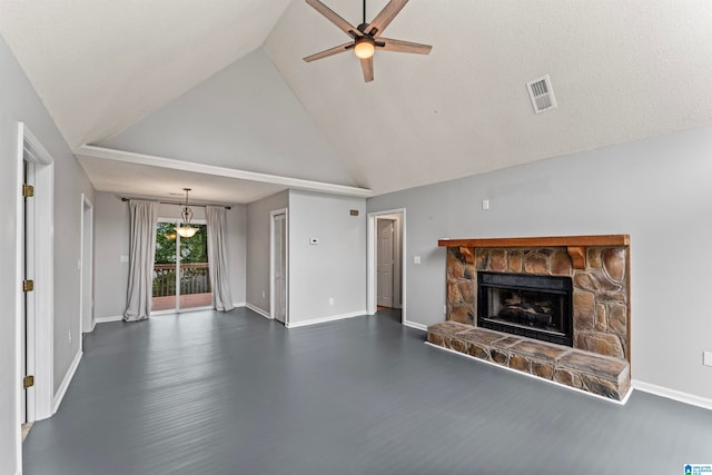 unfurnished living room with ceiling fan, a fireplace, dark wood-type flooring, and high vaulted ceiling