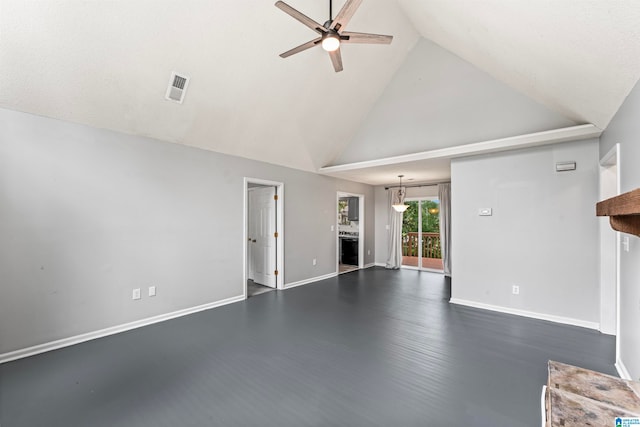 unfurnished living room with dark hardwood / wood-style floors, ceiling fan, and high vaulted ceiling