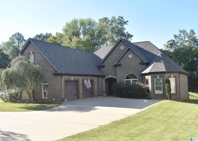 view of front of house with driveway, brick siding, and a front lawn