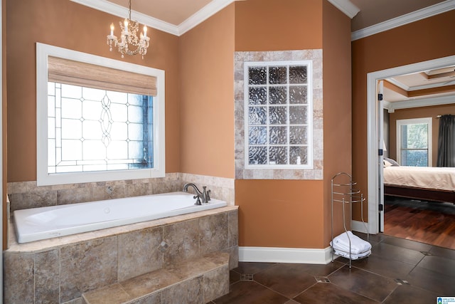 bathroom with a notable chandelier, tile patterned flooring, ornamental molding, and a relaxing tiled tub